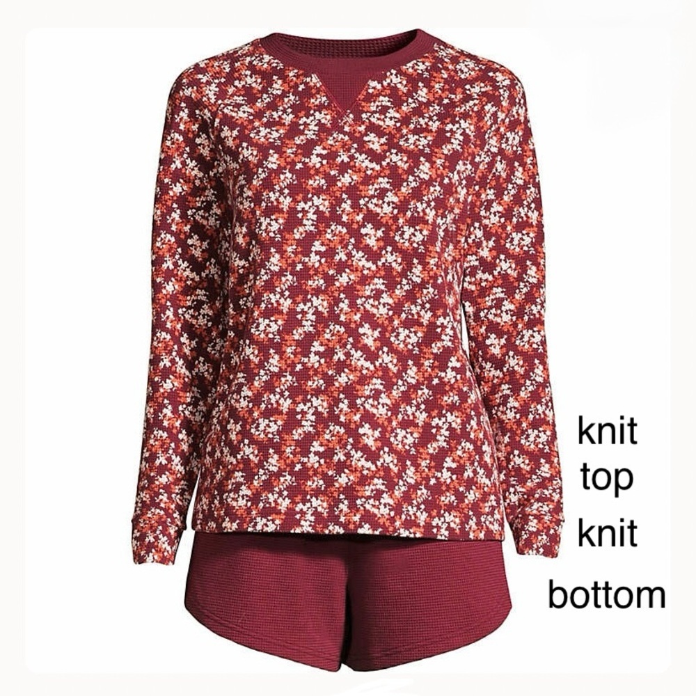 LANDSEND Wms *TALL MED Waffle Pajama Set Long Sleeve Top and Shorts 100% Cotton